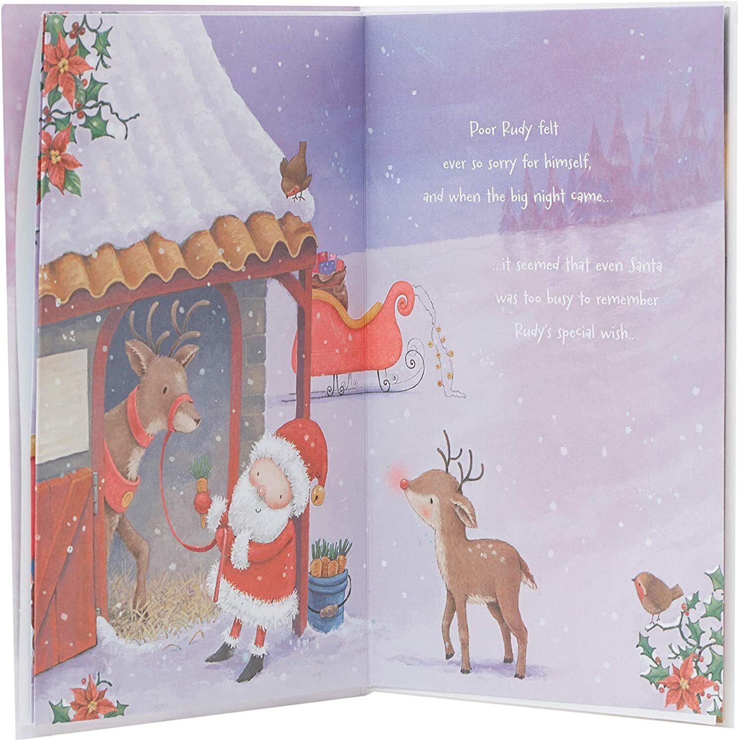 Rudolph and Santa storybook-themed Christmas greeting card for granddaughter by UK Greetings, featuring festive holiday illustration.