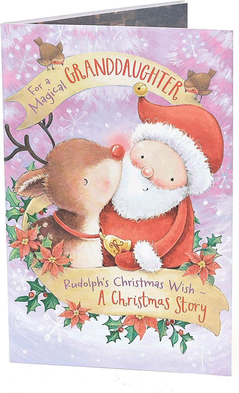 Rudolph and Santa storybook Christmas greeting card for granddaughter by UK Greetings with festive holiday illustrations.