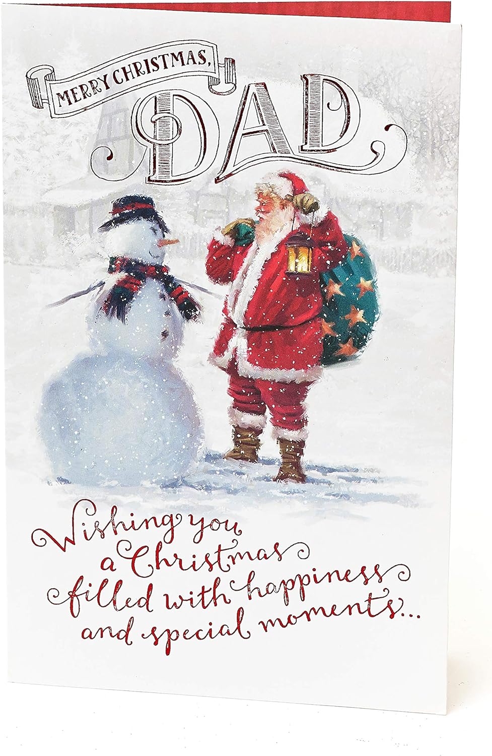 Festive Santa and Snowman Dad Christmas greeting card with red foil and glitter accents from UK Greetings.