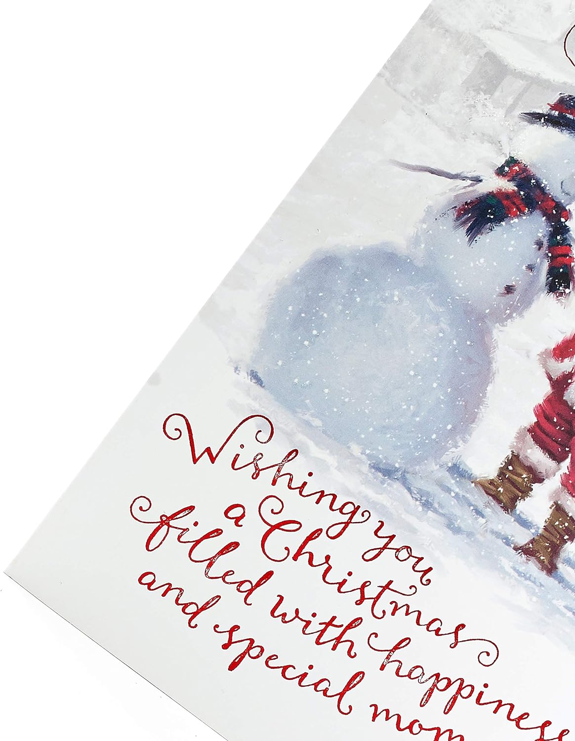 Festive Christmas greeting card featuring Santa and snowman with red foil and glitter accents, by UK Greetings.