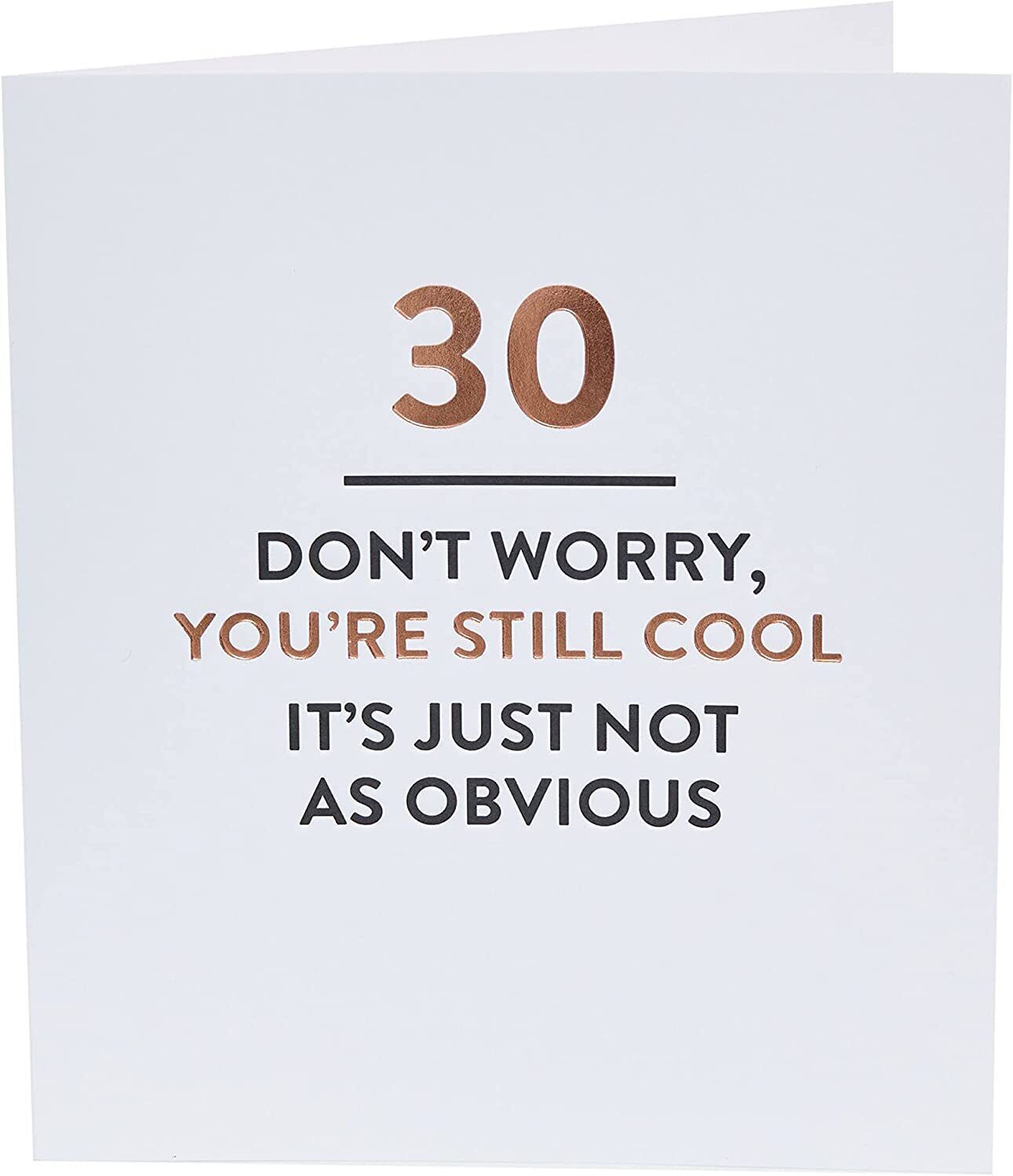 Sassy 30th Still Cool typography greeting card from UK Greetings with bold, colorful lettering on a white background.