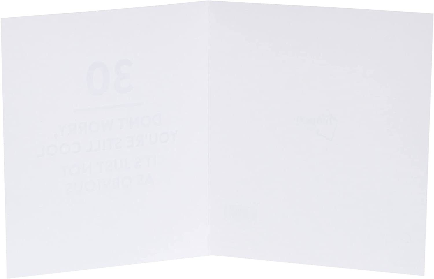 Sassy 30th Still Cool typography greeting card by UK Greetings featuring bold, colorful text on a white background.