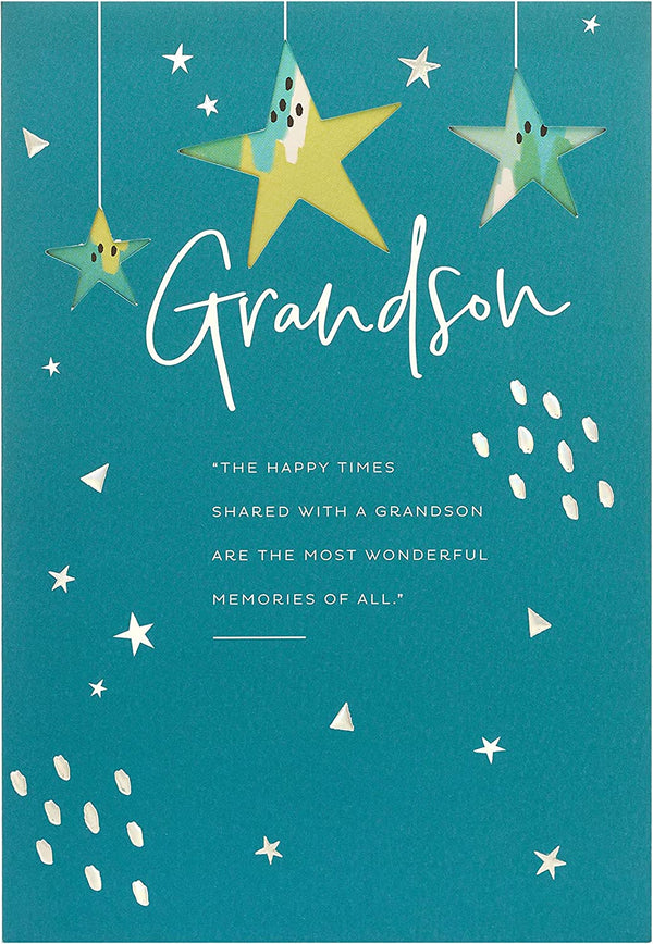 UK Greetings sentimental grandson birthday greeting card featuring stars and heartfelt message.