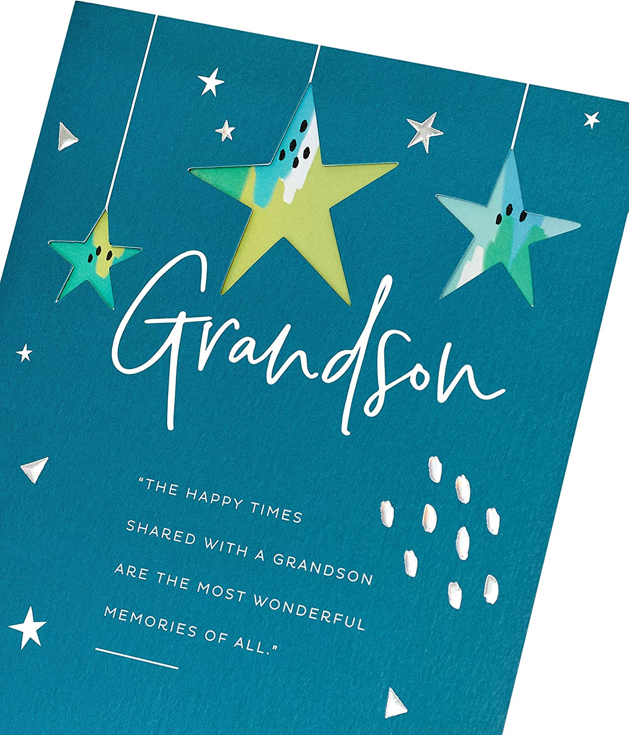 Sentimental grandson birthday greeting card with star illustrations from UK Greetings, featuring heartfelt messages and colorful design.