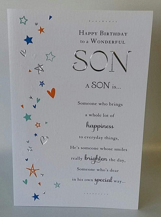 Sentimental Son birthday greeting card from UK Greetings with loving verse and heartfelt message for special occasions.