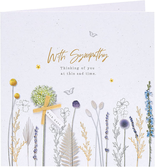 Serene Natural Gold Sympathy Card by UK Greetings featuring elegant floral design and heartfelt message for condolences.