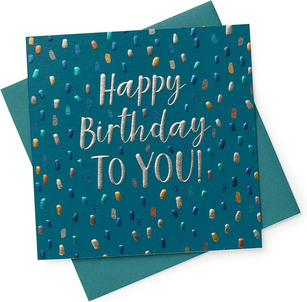 Shiny foil dots on a modern male birthday greeting card from UK Greetings with colorful dot patterns and celebratory design.