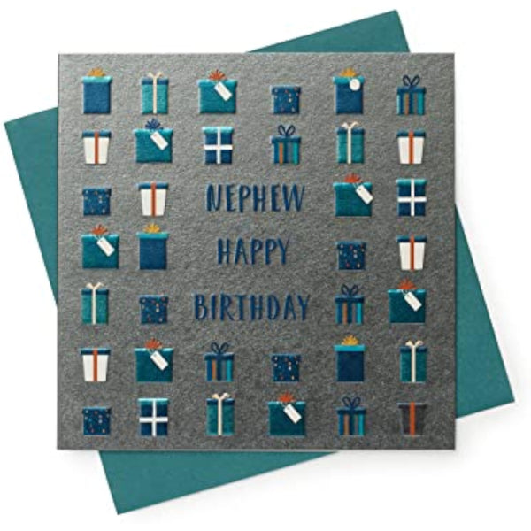 Shiny Presents Nephew Birthday Card from UK Greetings, featuring colorful festive design and cheerful message for celebrating a nephew.