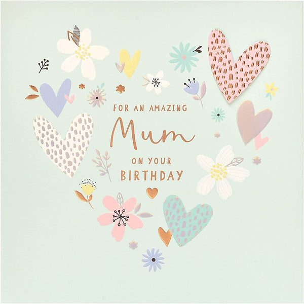 Silver copper foil Mum birthday greeting card with floral design from UK Greetings, featuring elegant metallic accents.