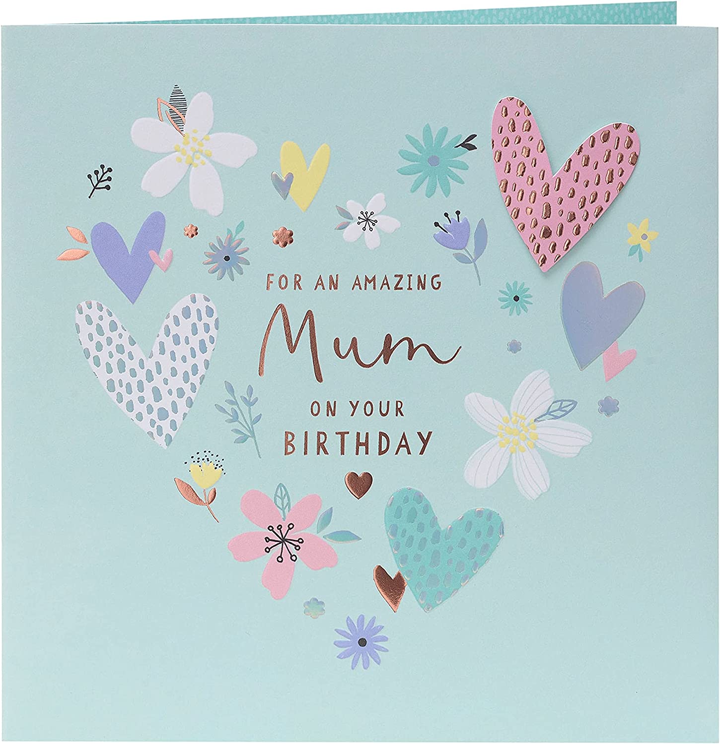 Silver copper foil Mum birthday greeting card with floral design from UK Greetings, featuring elegant gold accents and textured paper.
