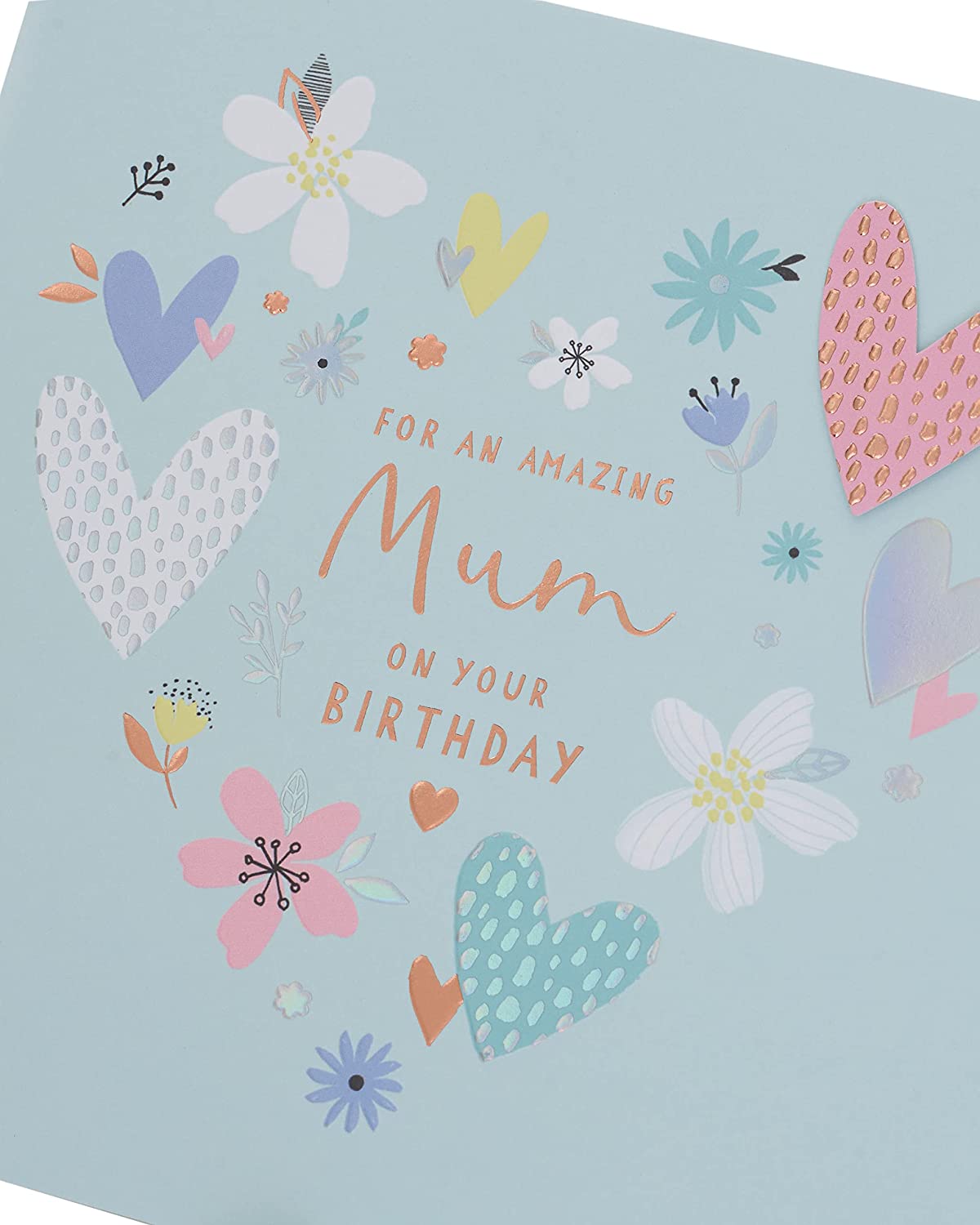 Silver copper foil Mum birthday greeting card with floral design from UK Greetings, featuring elegant metallic accents.