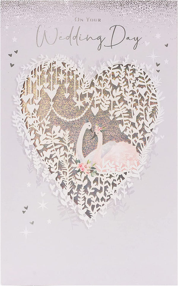 Silver foil laser-cut wedding greeting card featuring a graceful swan design, ideal for wedding celebrations and special occasions.