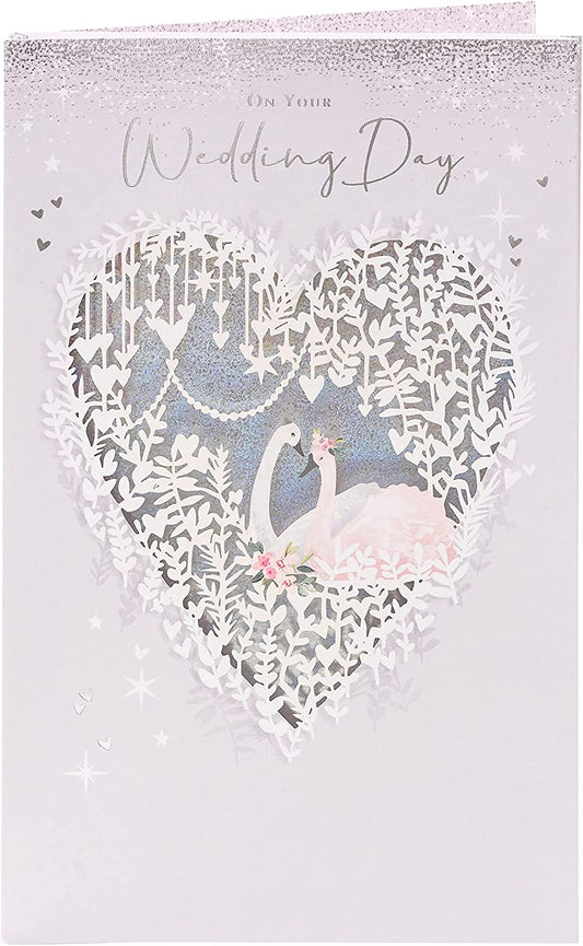 Silver foil swan laser-cut wedding greeting card with intricate design, perfect for celebrating special occasions.