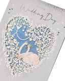 Silver foil swan wedding greeting card with laser-cut design and elegant detailing, perfect for celebrating special occasions.