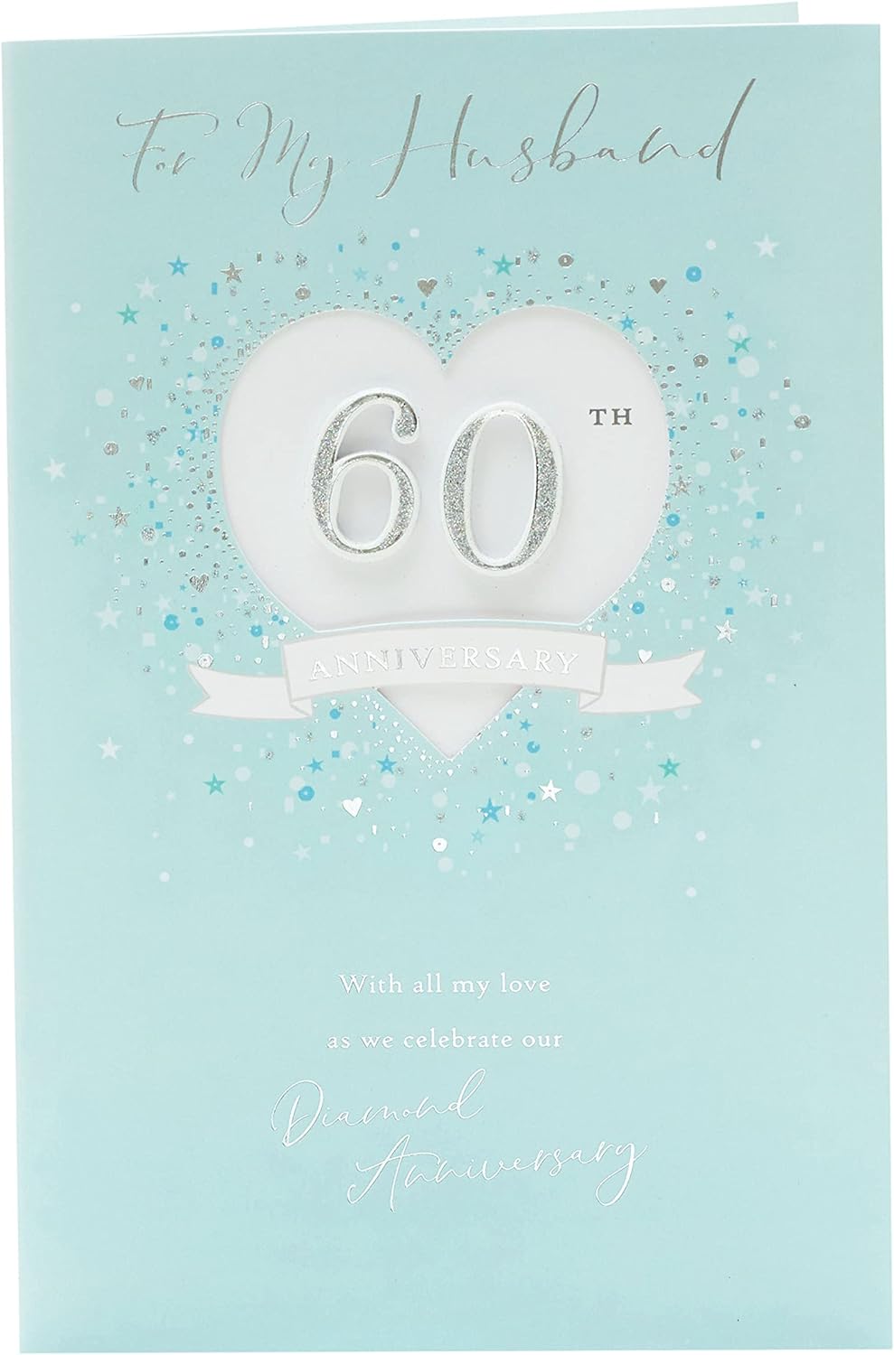 Silver glitter 60th diamond anniversary greeting card for husband, featuring elegant design and celebratory message.