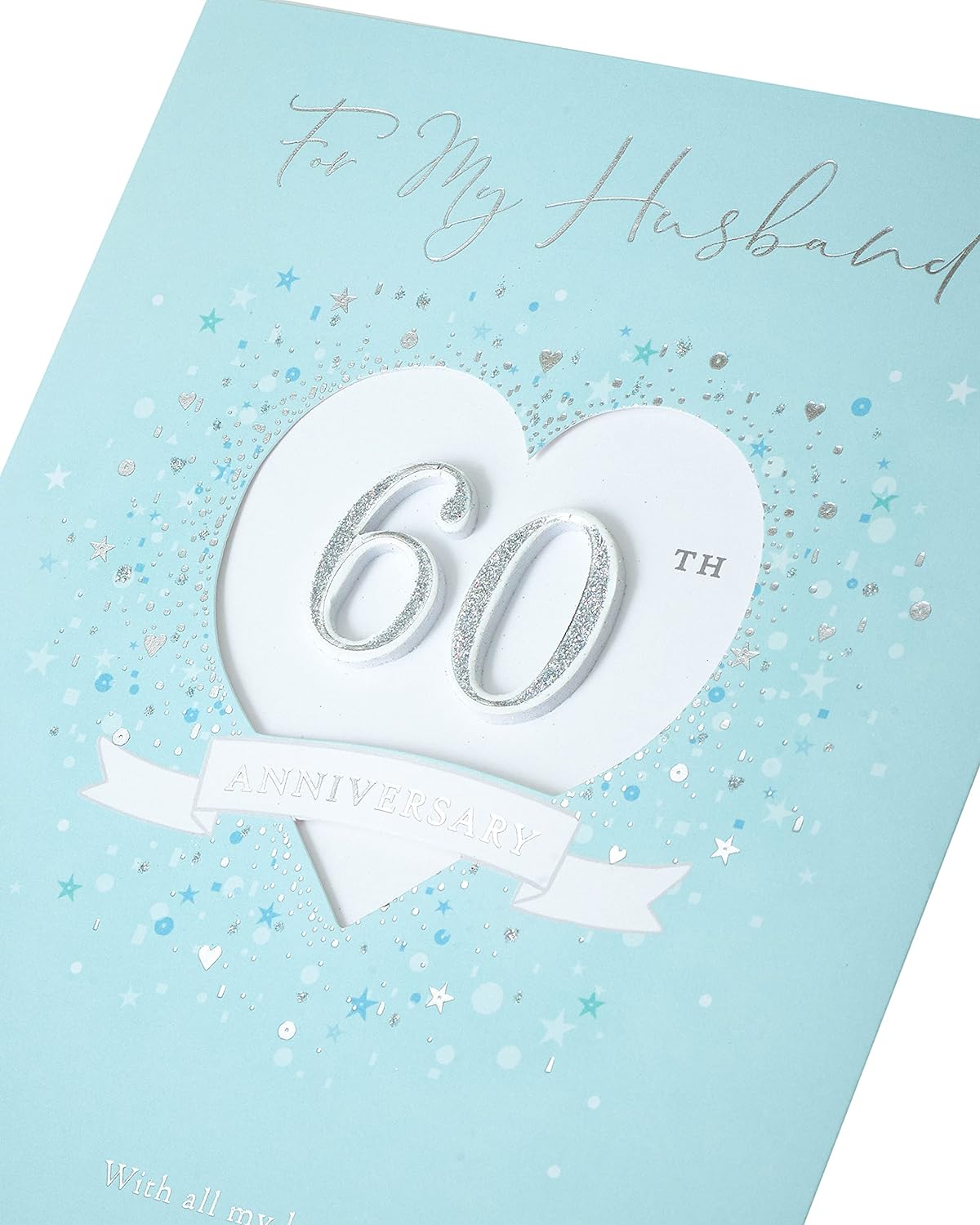 Silver glitter 60th diamond anniversary greeting card for husband, UK Greetings, with festive design and elegant lettering.