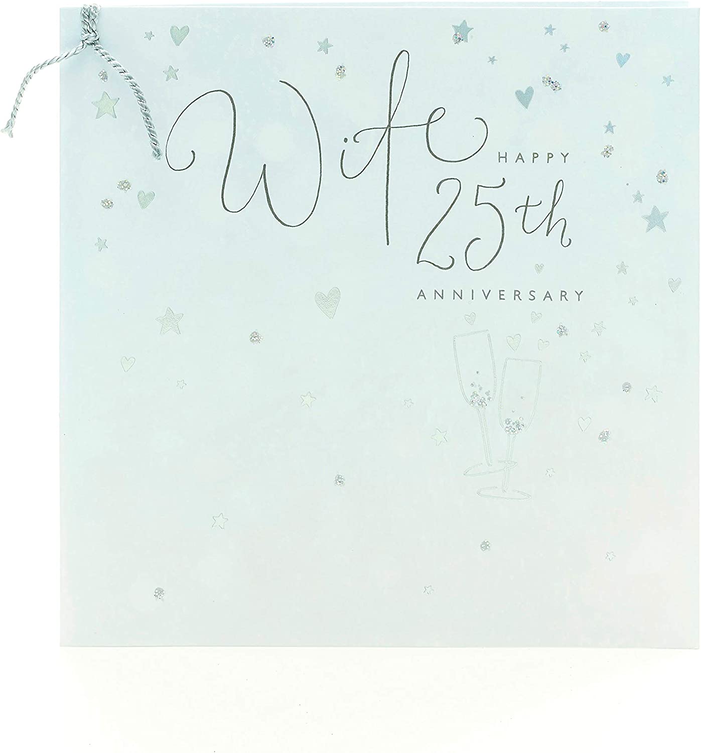 Silver hearts and stars 25th anniversary greeting card by UK Greetings, featuring elegant metallic designs on a festive card.