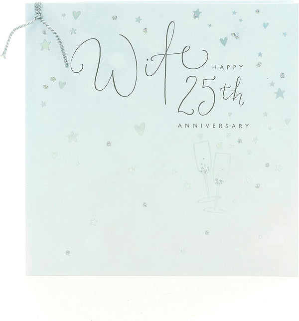 Silver hearts and stars 25th anniversary greeting card by UK Greetings, featuring elegant metallic designs on a festive card.