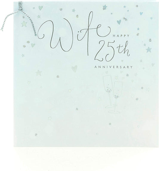 Silver hearts and stars 25th anniversary greeting card by UK Greetings, featuring elegant metallic designs on a festive card.
