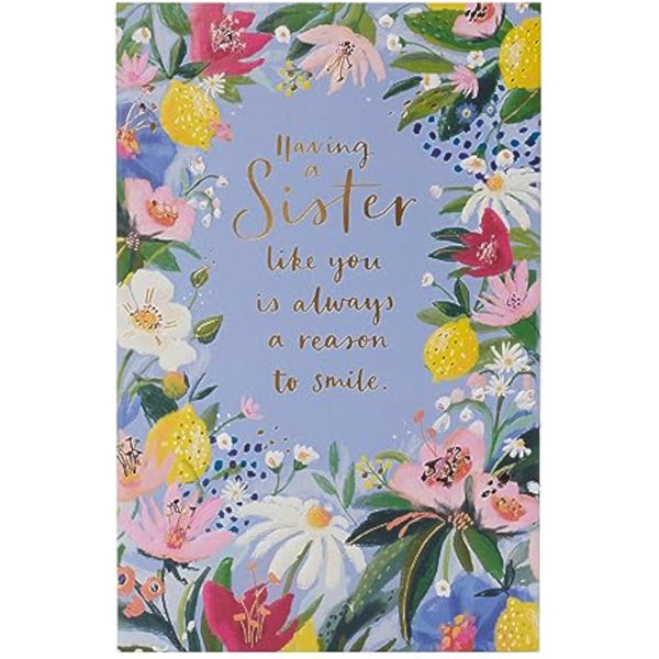 Floral border gold foil sister birthday greeting card by UK Greetings, featuring colorful floral design and elegant accents.