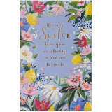 Floral border gold foil sister birthday greeting card by UK Greetings, featuring colorful floral design and elegant accents.