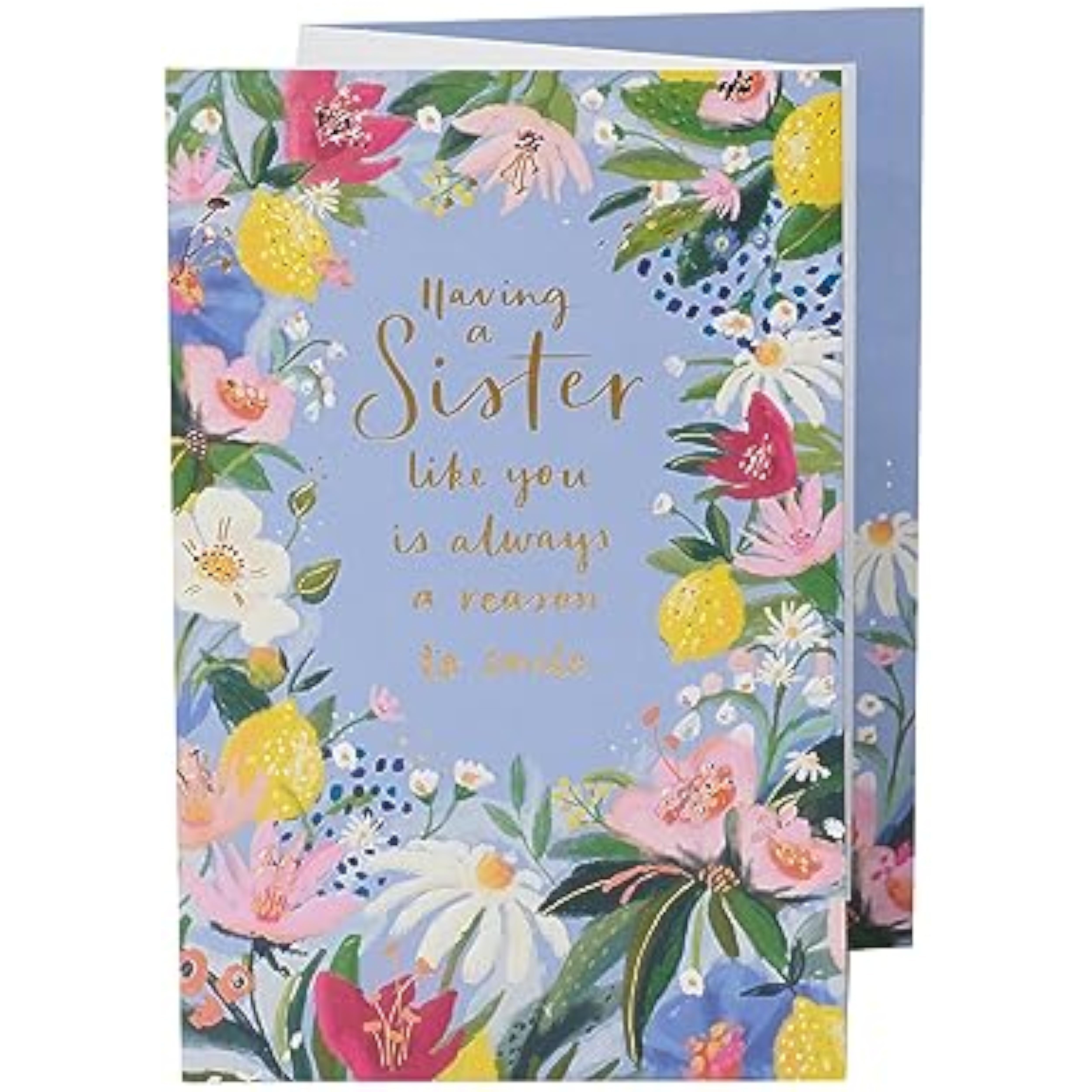 Floral border birthday greeting card with gold foil accents from UK Greetings, featuring a cheerful design for sister's birthday.