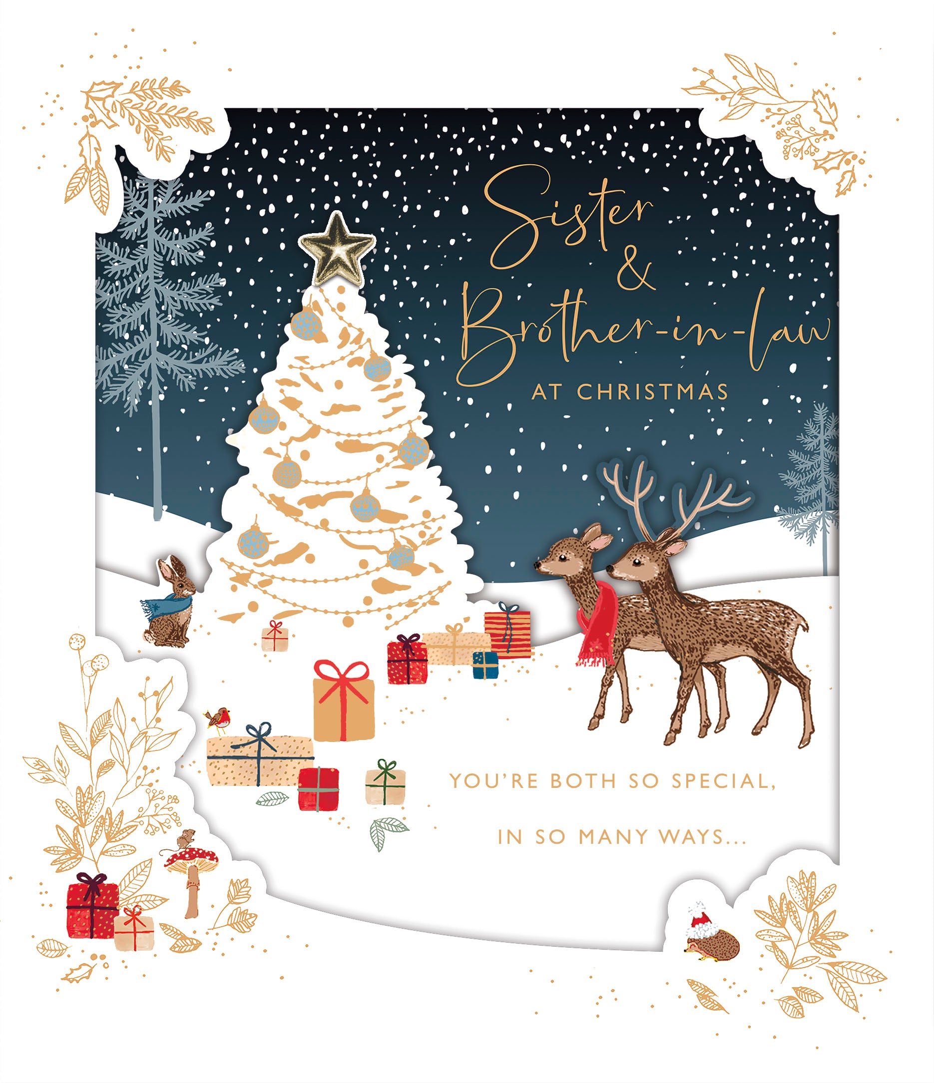 Sister and brother-in-law Christmas card featuring a deer holiday scene by UK Greetings, with festive winter imagery.