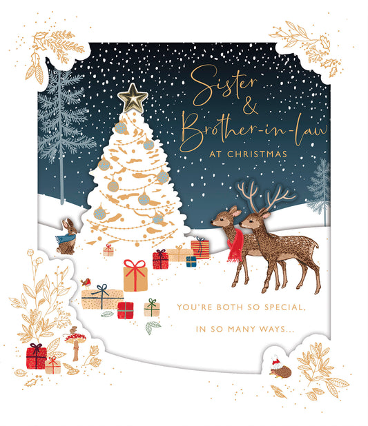 Sister and brother-in-law Christmas card featuring a deer holiday scene by UK Greetings, with festive winter imagery.