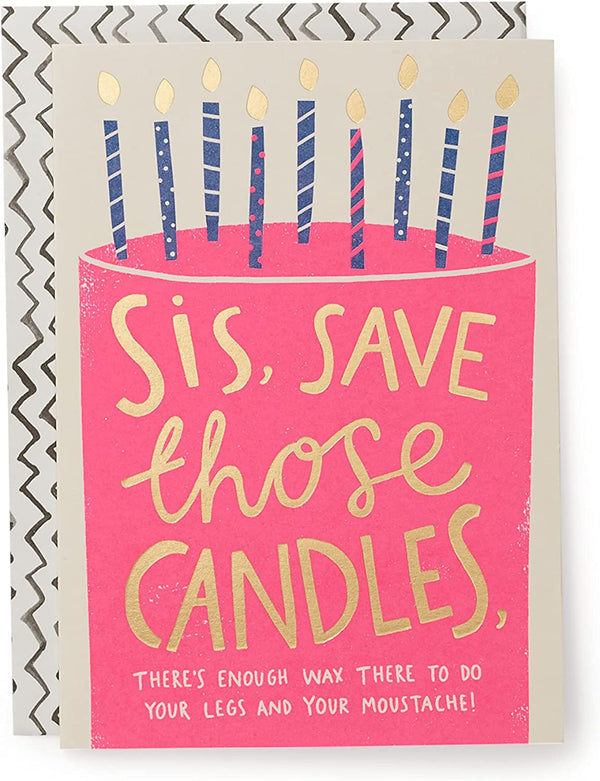 Sister Save The Candles birthday greeting card from UK Greetings featuring festive candle illustrations.