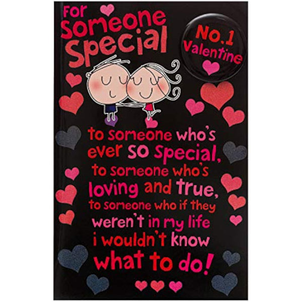 Valentine's Day greeting card for him or her with large text and badge design, includes envelope, by UK Greetings.