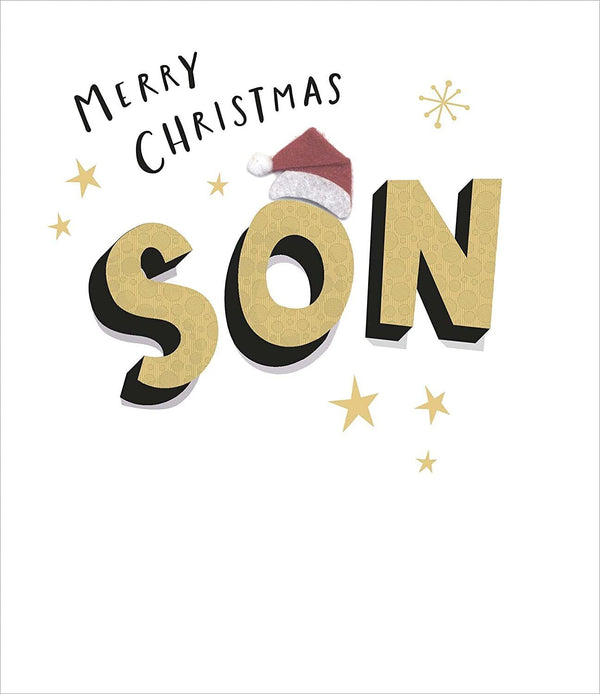 Festive Son Santa Hat Christmas greeting card with foil accents, UK Greetings, featuring holiday-themed design and cheerful imagery.