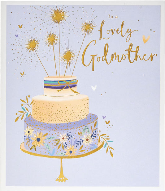 Sparkling Cake Godmother birthday greeting card by UK Greetings with colorful birthday cake and festive design.