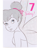 Sparkling Tinker Bell 7th birthday greeting card from UK Greetings featuring a colorful fairy design and festive decorations.