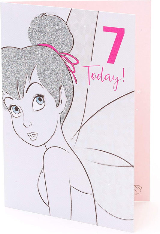 Sparkling Tinker Bell 7th birthday greeting card with fairy illustration and glitter accents, by UK Greetings.