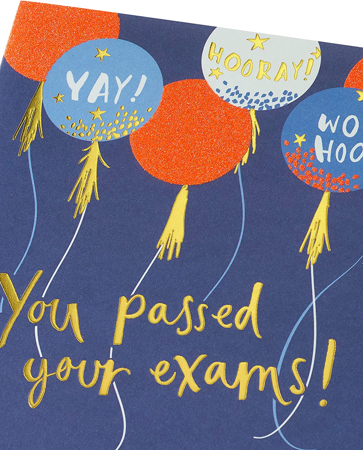 Sparkly balloons exams congratulations greeting card by UK Greetings with festive, glittery balloon illustrations and celebratory design.