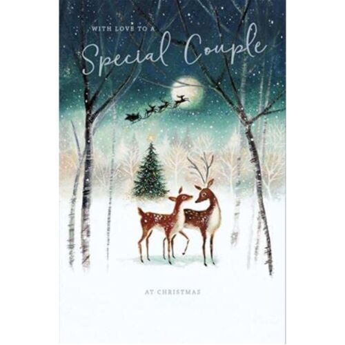 Beautiful greeting card by UK Greetings featuring a reindeer in the snow with a festive "Happy Christmas" message for couples.