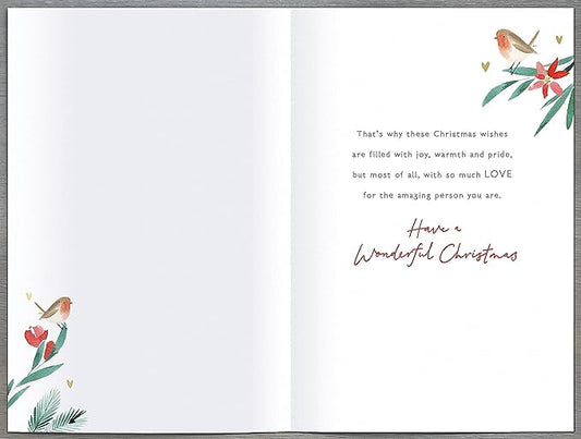 Decorative UK Greetings special daughter Christmas greeting card with heart foil embellishments and festive holiday design.
