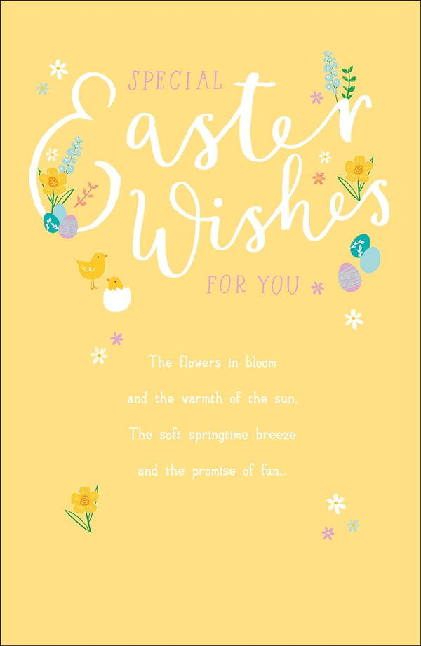 Easter Wishes Foiled Greeting Card by UK Greetings featuring colorful floral design and festive message for Easter celebrations.