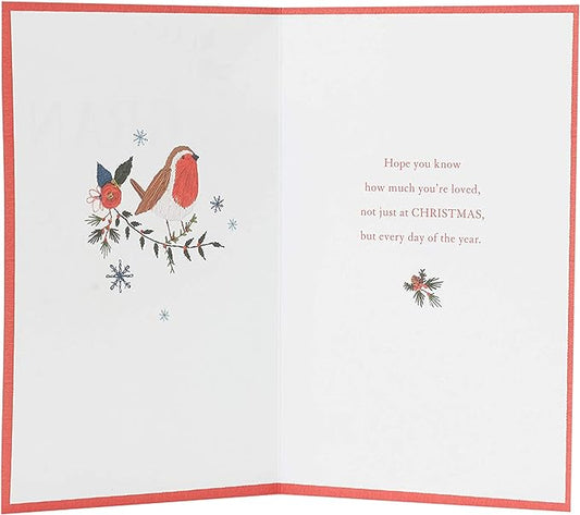 Hand-finished Christmas greeting card with floral embroidery design by UK Greetings, featuring intricate embroidery on high-quality paper.