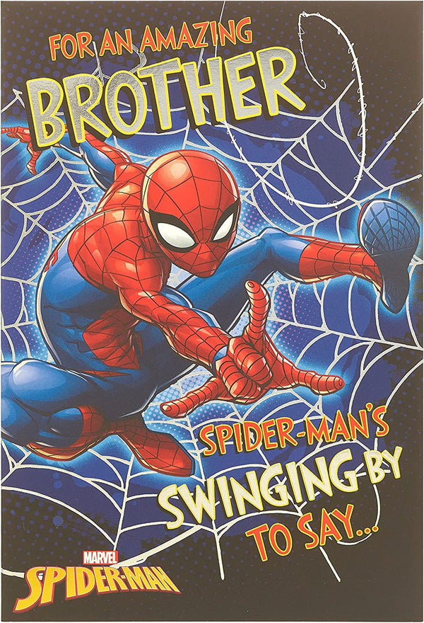 Spider-Man Amazing Brother greeting card by UK Greetings featuring Spider-Man in a dynamic action pose on the front.