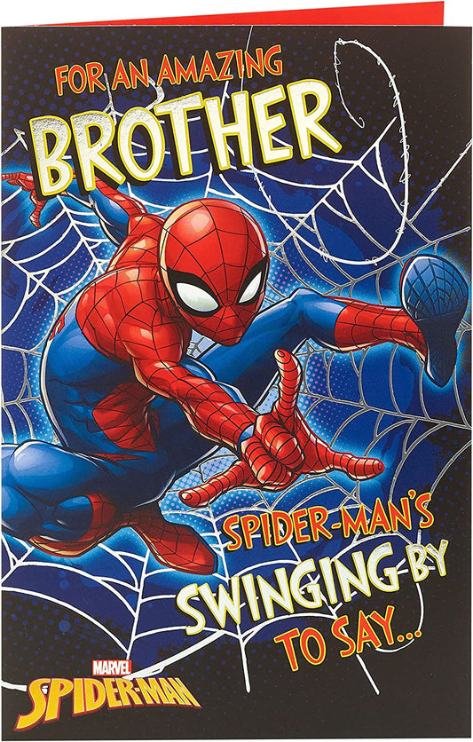 Spider-Man Amazing Brother greeting card by UK Greetings featuring Spider-Man superhero design on a colorful background.