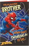 Spider-Man Amazing Brother greeting card by UK Greetings featuring Spider-Man superhero design on a colorful background.