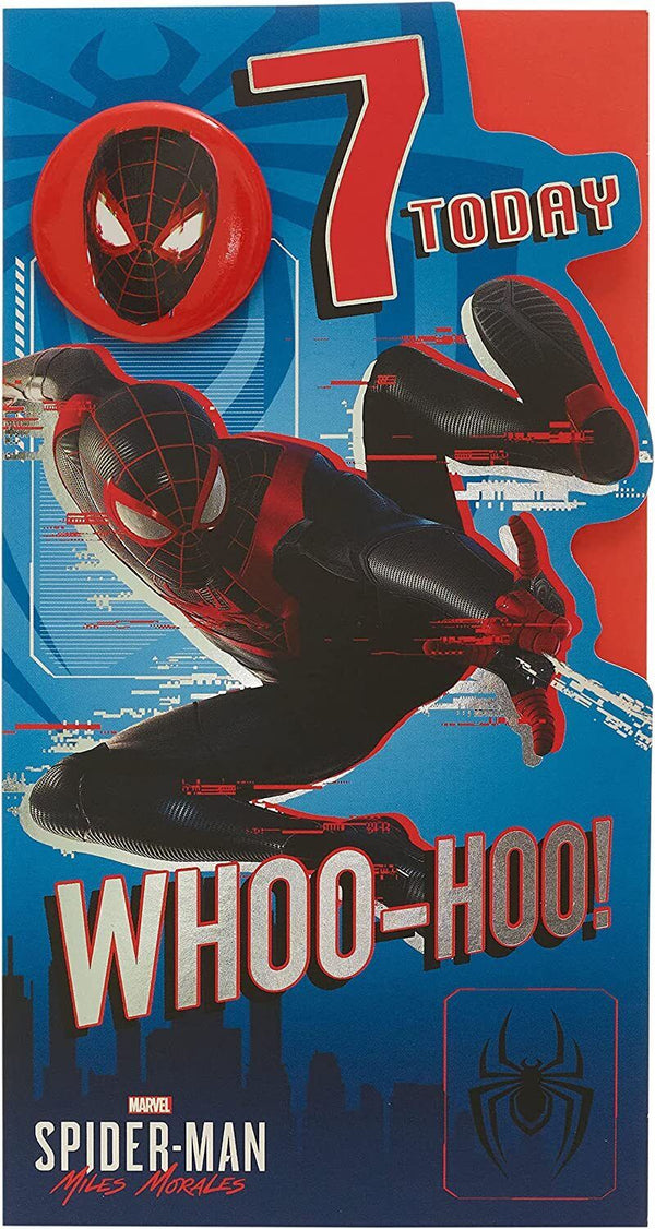 Spider-Man Marvel 7th birthday greeting card for boys with colorful superhero design featuring Spider-Man in action.