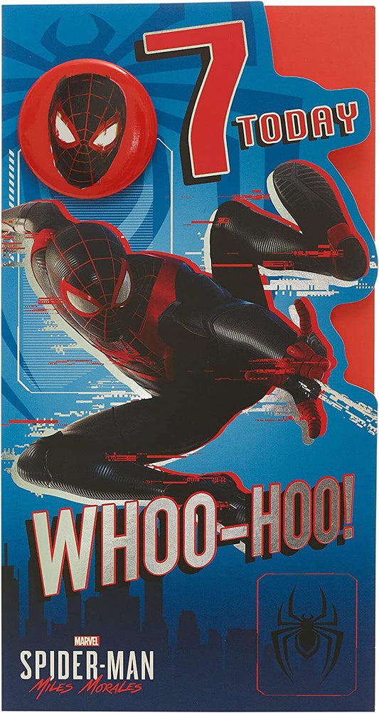 Spider-Man Marvel 7th birthday greeting card for boys with colorful superhero design featuring Spider-Man in action.