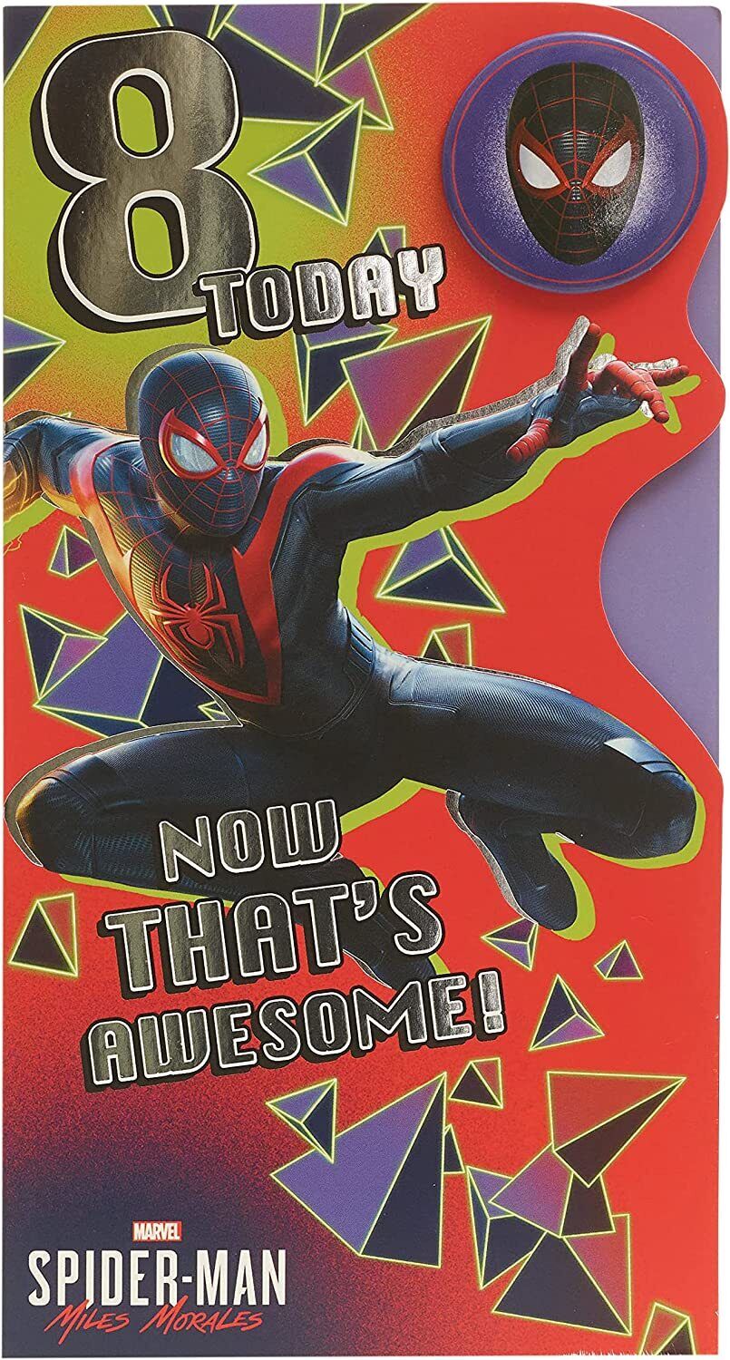 Marvel Spider-Man birthday greeting card for boys, featuring Spider-Man illustration on an 8th birthday themed greeting card.