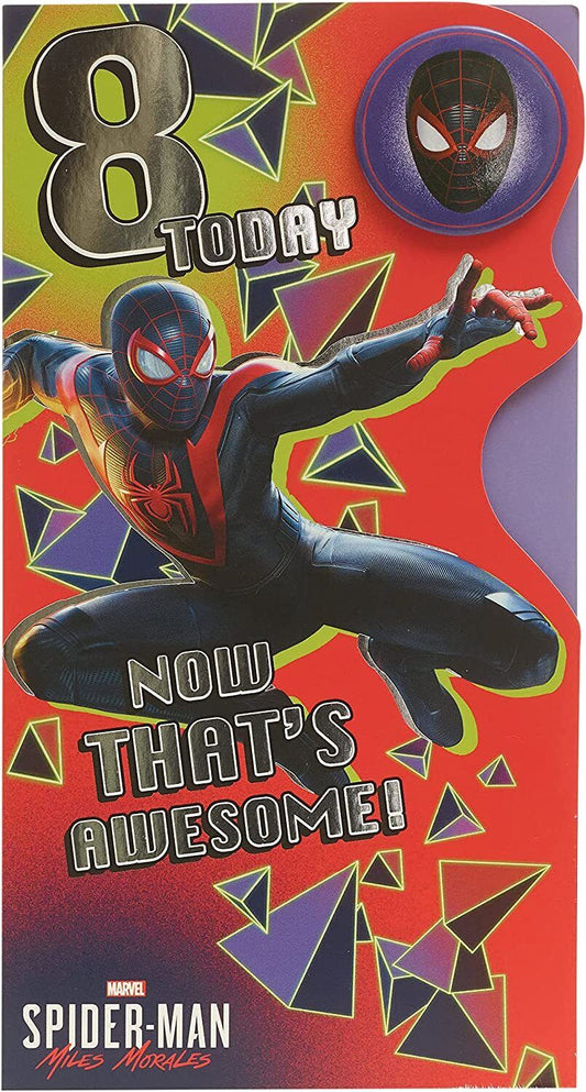 Marvel Spider-Man birthday greeting card for boys, featuring Spider-Man illustration on an 8th birthday themed greeting card.