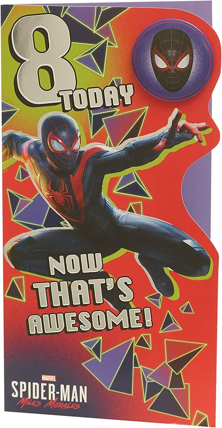 Marvel Spider-Man 8th birthday greeting card for boys featuring Spider-Man in action, ideal for young fans' special day.