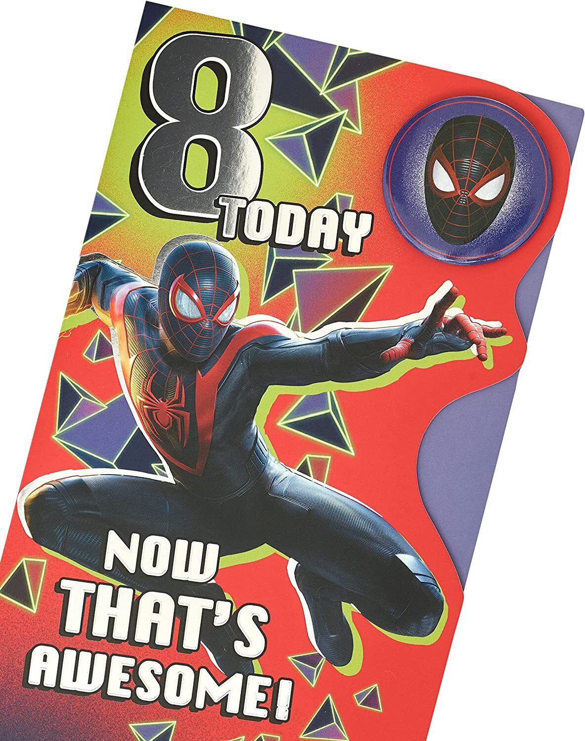 Spider-Man Marvel 8th birthday greeting card for boys, featuring Spider-Man in action with colorful comic-style design.