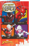 Spider-Man superhero birthday greeting card featuring Spider-Man in a dynamic pose with colorful comic-style design.