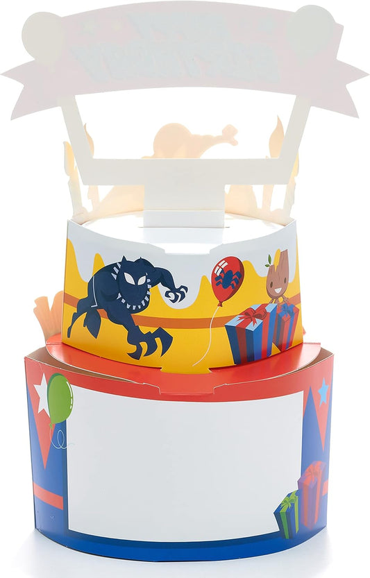 Spiderman 3D cake pop-up birthday greeting card by UK Greetings with colorful superhero design and festive details.